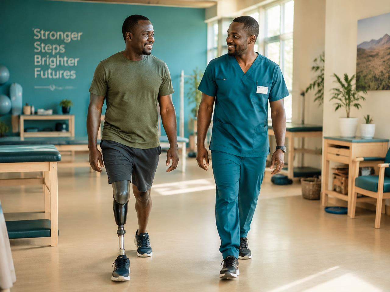 Patient walking with a prosthetic leg alongside a clinician